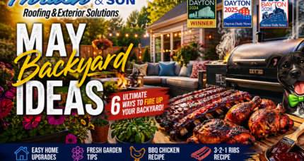 May backyard ideas featuring BBQ chicken, smoked ribs, outdoor patio, flowers, and backyard upgrades at a Thrush & Son home in Ohio.