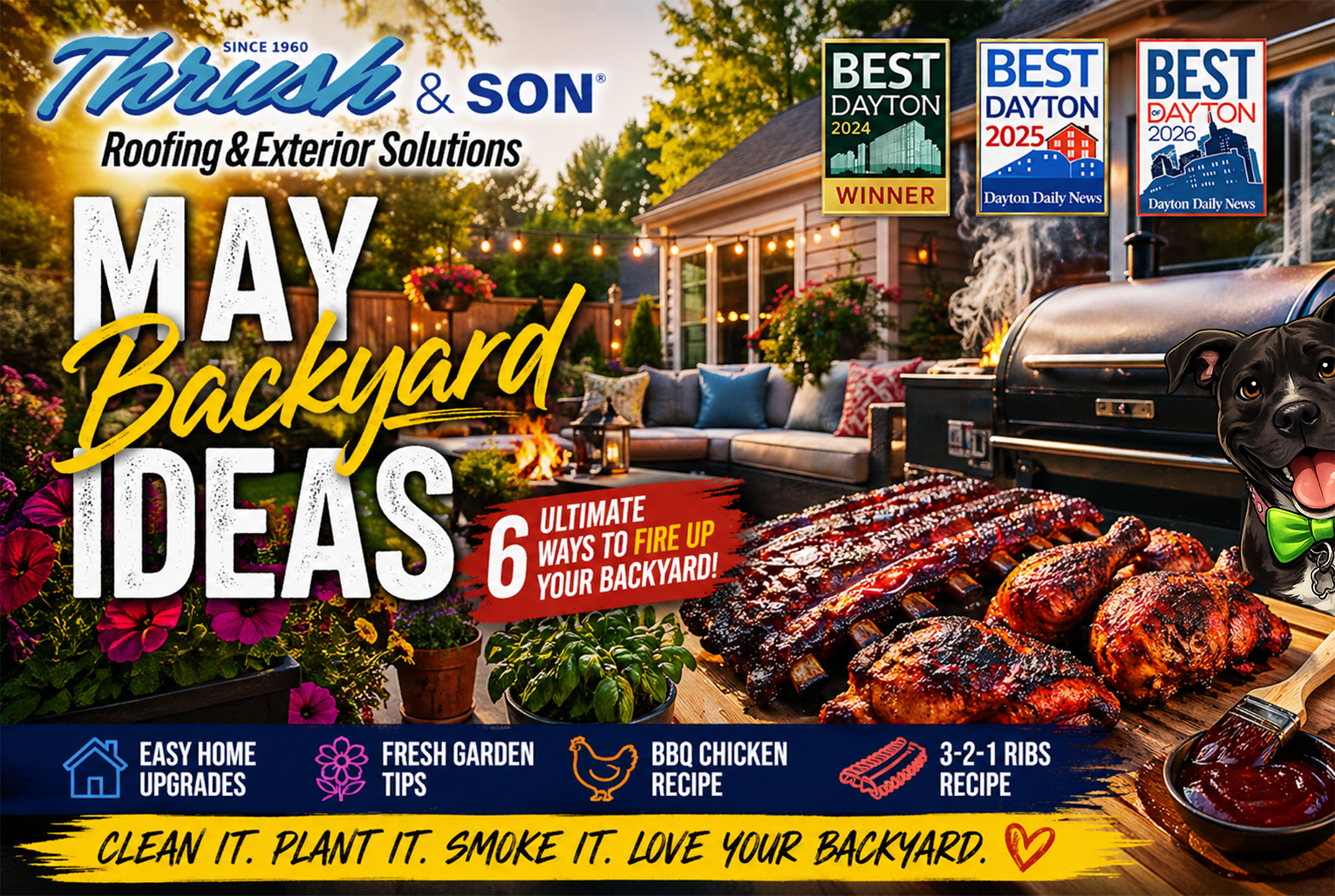 May backyard ideas featuring BBQ chicken, smoked ribs, outdoor patio, flowers, and backyard upgrades at a Thrush & Son home in Ohio.