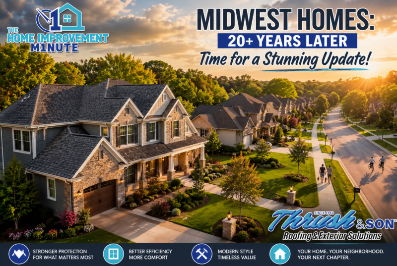 Enhanced aerial view of a beautiful Midwest neighborhood at golden hour featuring updated homes, mature trees, manicured lawns, and timeless exterior designs, illustrating how Midwest homes can be transformed through modern roofing, siding, windows, and exterior improvements after 20+ years of ownership.