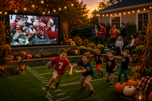Families enjoying a fall backyard gathering in a Midwest neighborhood featuring outdoor football, seasonal décor, pumpkins, string lights, and a large outdoor television displaying a football game with the Thrush & Son® logo, capturing the community, traditions, and lifestyle that make Midwest homes special.