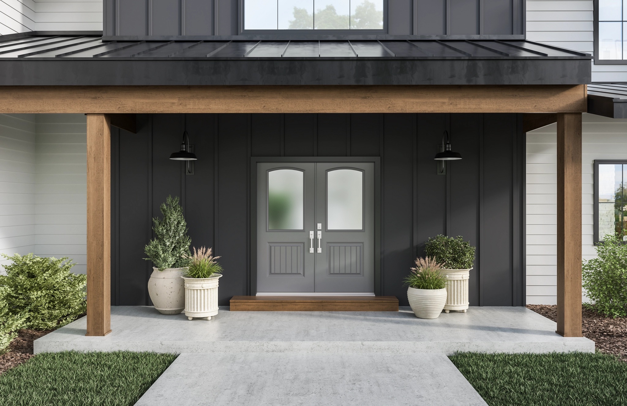 Modern double fiberglass entry doors installed on a contemporary home with dark siding and wood accents