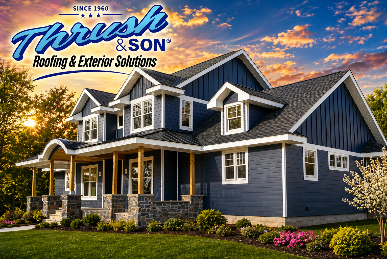 Modern farmhouse look featuring board and batten siding, stone accents, and spring landscaping for enhanced curb appeal and long-term performance.