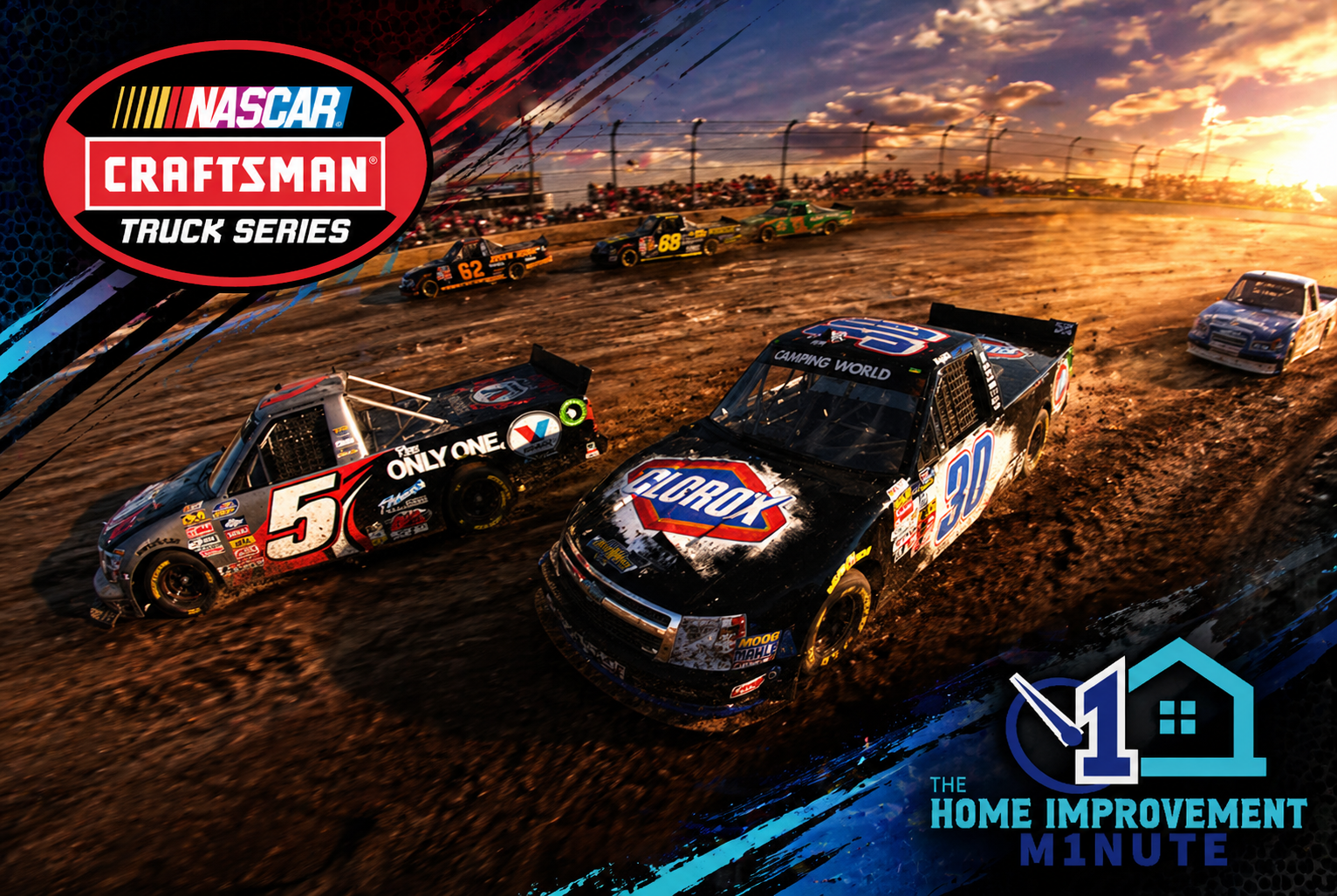 NASCAR trucks racing side by side on a dirt track during the Mudsummer Classic under evening skies.