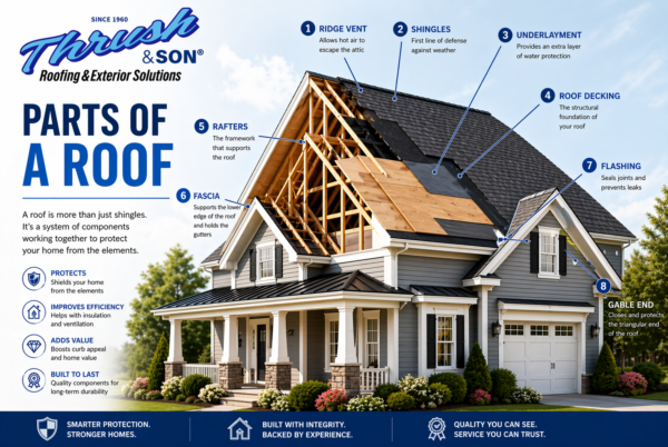 Parts of a roof diagram showing shingles, ridge vent, underlayment, roof decking, rafters, fascia, flashing, and gable end on a residential home that are sometimes missed on a roofing estimate.
