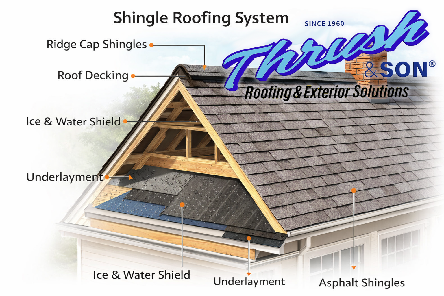 Roofing Terms: detailed cutaway diagram of shingle roofing system showing ridge cap shingles, ice & water shield, underlayment, asphalt shingles & more – Thrush & Son® since 1960