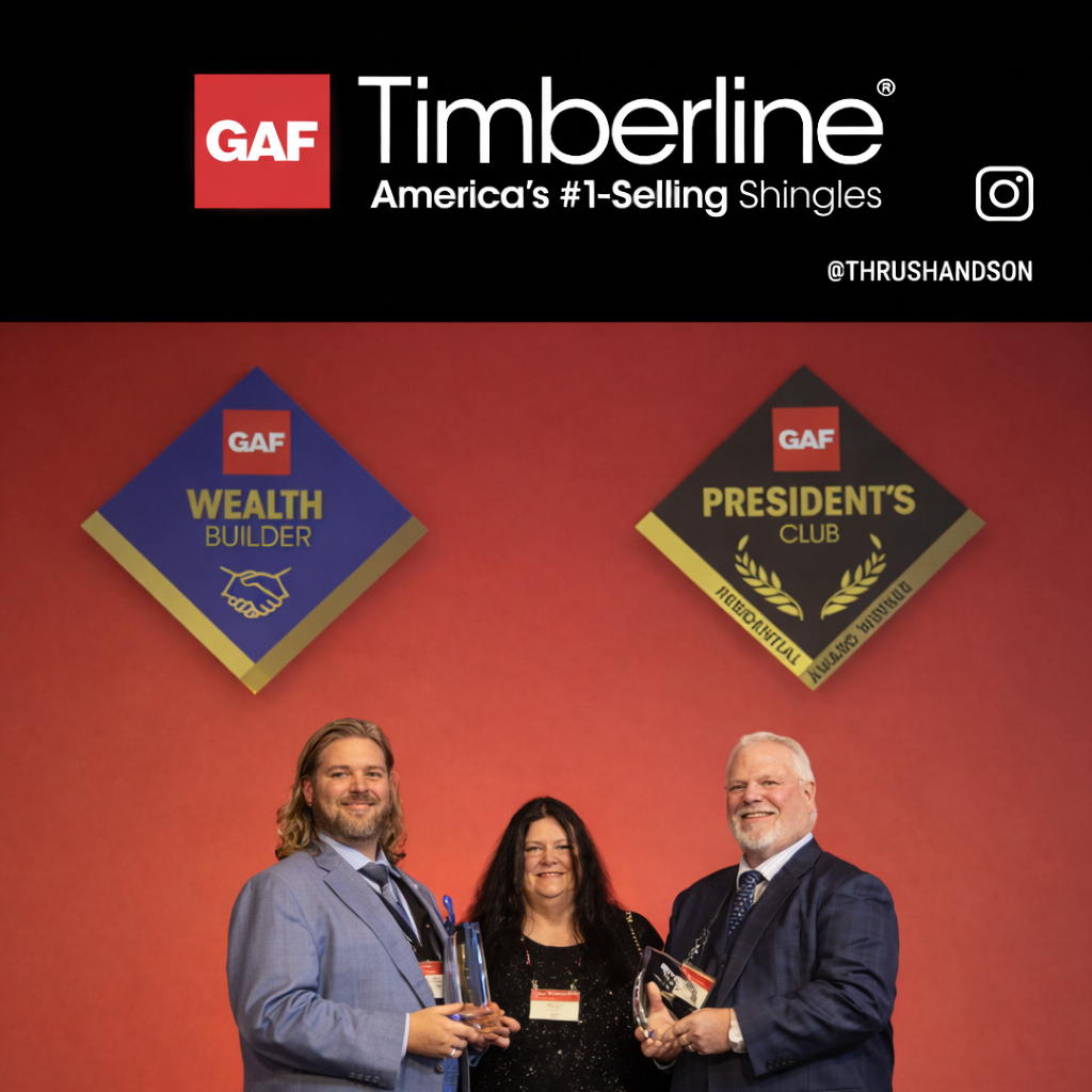 Thrush & Son team with GAF President's Club and Wealth Builder awards on stage, featuring Timberline shingles branding and elite contractor recognition