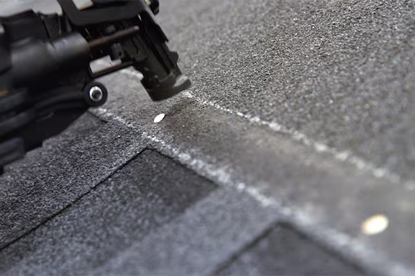 Close-up of roofing nail gun installing shingles engineered by GAF to improve roof durability and wind resistance during professional roofing installation
