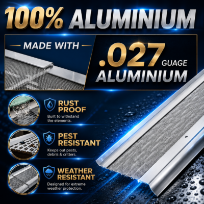 WaterLock Pro gutter guard made with 100% aluminum .027 gauge frame — rust proof, pest resistant, and weather resistant