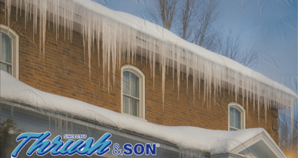 Winter roof with icicles along the eaves illustrating an ice dam prevention guide for homeowners