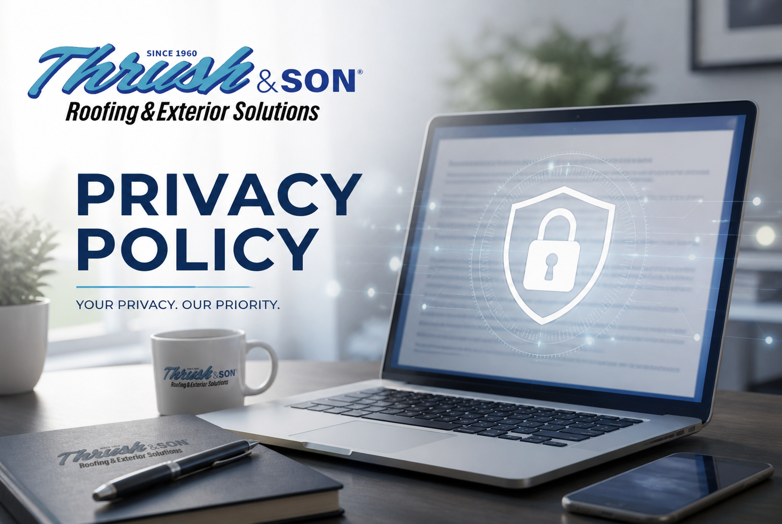Privacy Policy workspace with secure laptop and lock icon illustrating data protection and privacy practices by Thrush & Son®