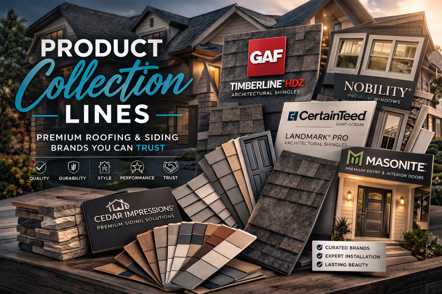 Resource Hub: Product collections featuring GAF roofing, CertainTeed siding, Nobility windows, and Masonite doors in a premium exterior collage