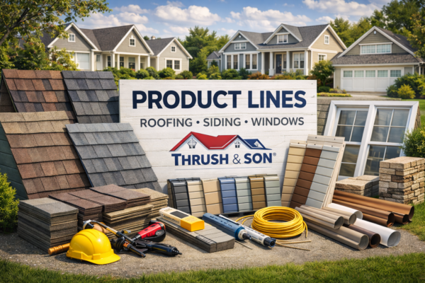 product lines display featuring roofing shingles siding samples windows and exterior materials with Thrush and Son branding for home improvement projects