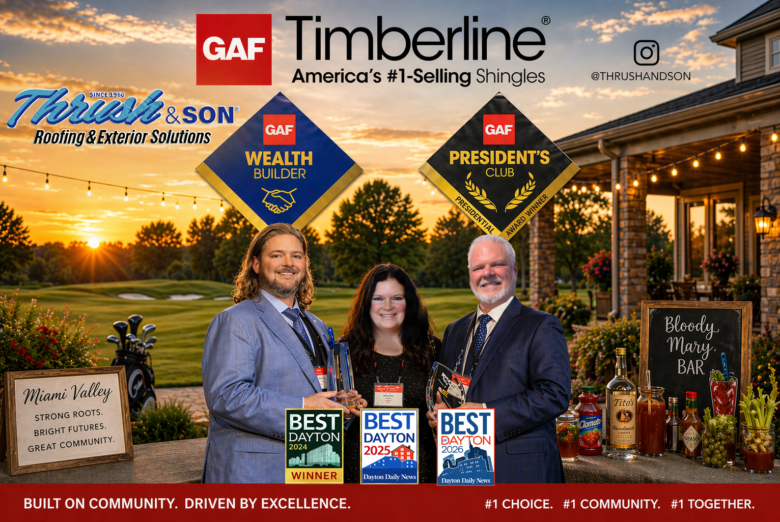 Thrush & Son® team receiving GAF Timberline awards at sunset with Best of Dayton badges, outdoor setting, and branded roofing excellence display.