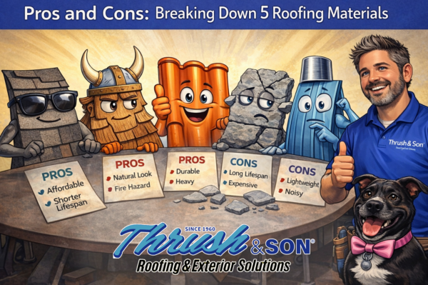 Fun cartoon showing a Dayton roofing contractor and dog reviewing pros and cons of roofing materials including shingles, shake, tile, slate, and metal roofs.
