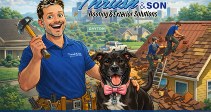 Cartoon illustration of a Thrush & Son contractor with dark brown and gray hair holding a hammer, standing with a happy dog in a pink bow tie while a roofing crew tears off shingles on a home in Dayton, Ohio.