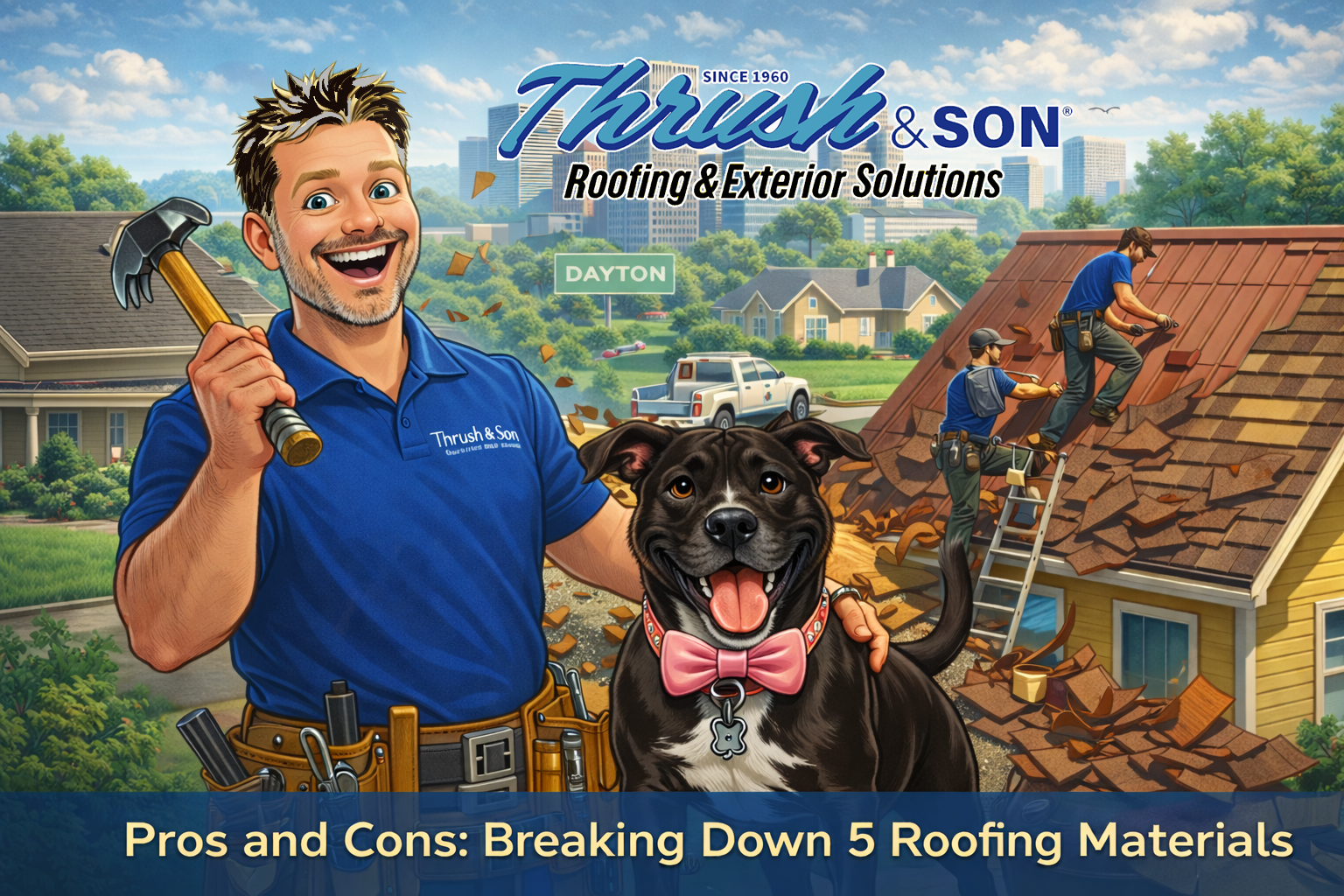 Cartoon illustration of a Thrush & Son contractor with dark brown and gray hair holding a hammer, standing with a happy dog in a pink bow tie while a roofing crew tears off shingles on a home in Dayton, Ohio.