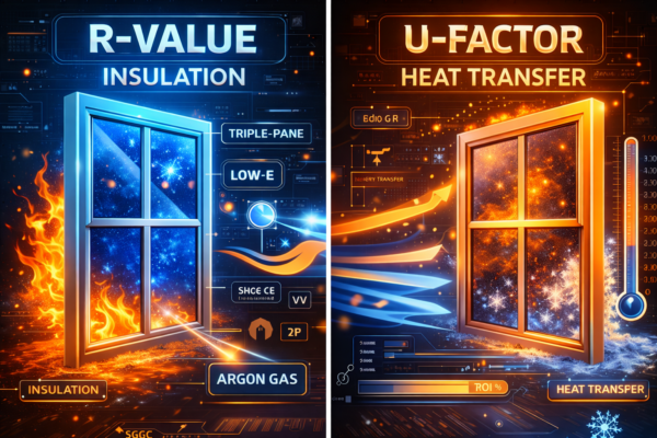 R-Value vs U-Factor windows comparison illustrating insulation strength, heat transfer, Low-E coatings, argon gas, and energy efficiency