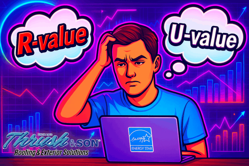 Confused homeowner comparing R-Value and U-Value performance for Energy Star Replacement Windows.