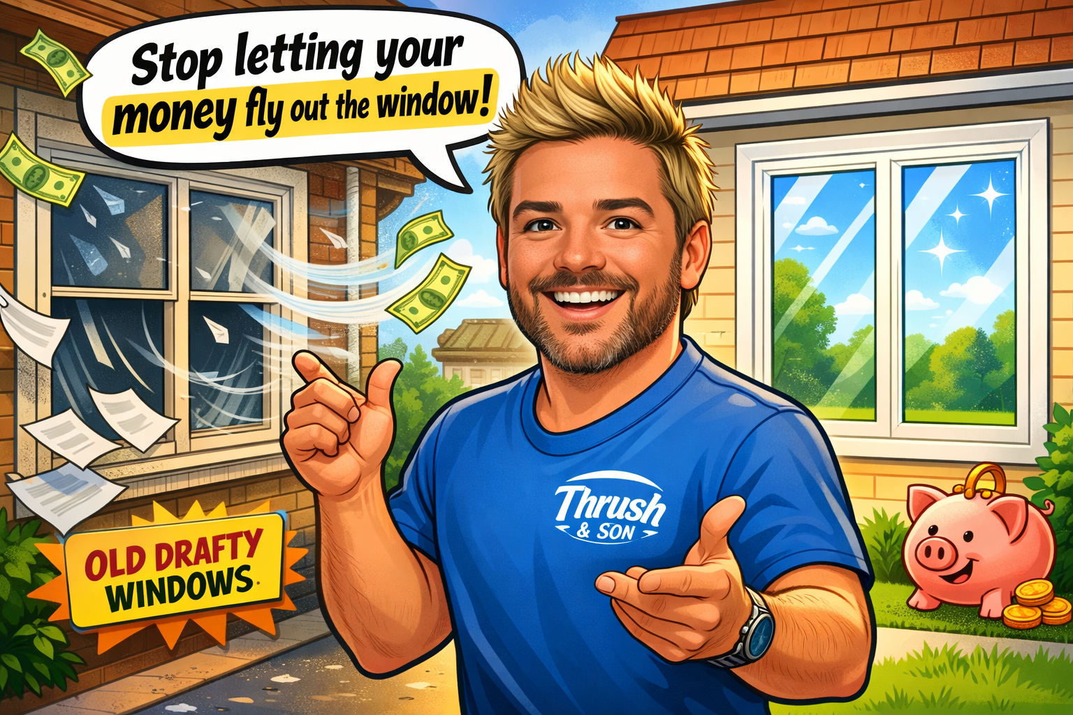 Cartoon pitchman explaining how replacing old drafty windows with new energy efficient windows helps homeowners save money on energy bills