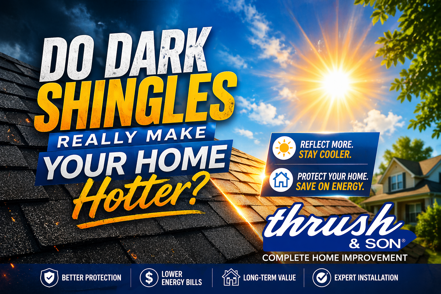 Roof color comparison showing dark and light shingles under sunlight to explain how roof color impacts energy efficiency and home temperature.