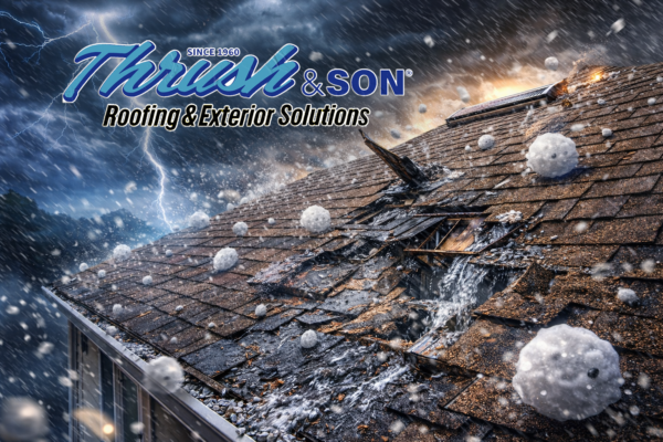 Roof Damage caused by wind and hail showing missing shingles leaks and severe storm impact on residential roofing