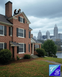 Roofing professional conducting a routine roof inspection on a two-story brick home in Cincinnati Ohio.