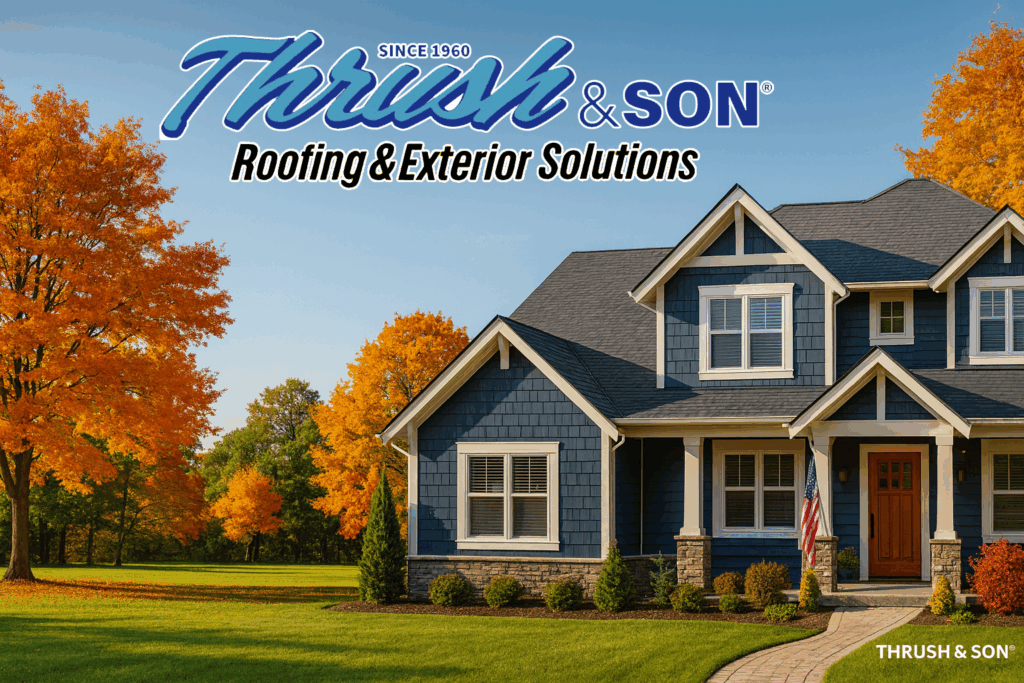 Roof replacement West Central Ohio — Craftsman home with new GAF architectural shingles, updated siding, and bright fall landscape in Dayton.
