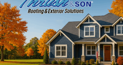 Roof replacement West Central Ohio — Craftsman home with new GAF architectural shingles, updated siding, and bright fall landscape in Dayton.