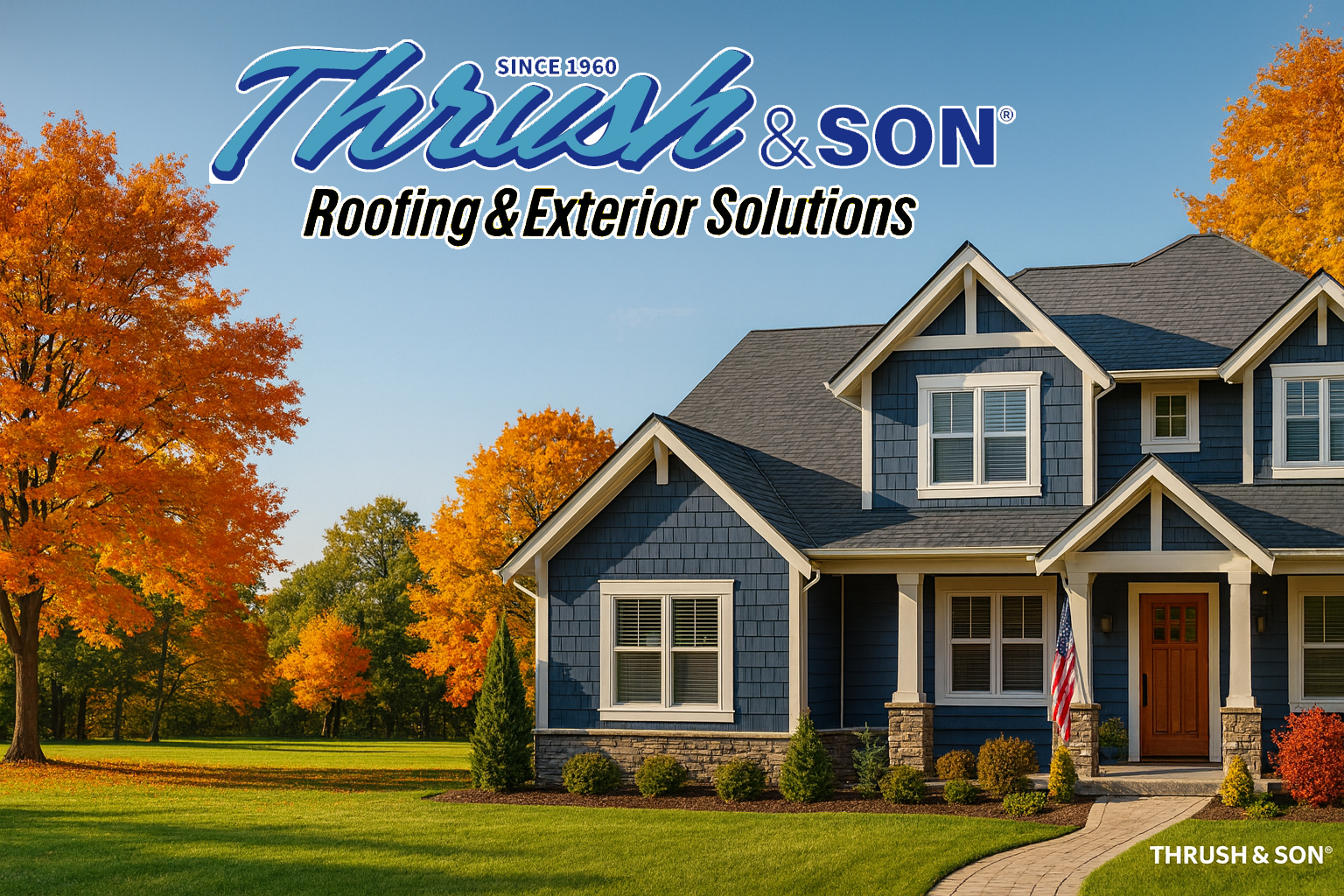 Roof replacement West Central Ohio — Craftsman home with new GAF architectural shingles, updated siding, and bright fall landscape in Dayton.