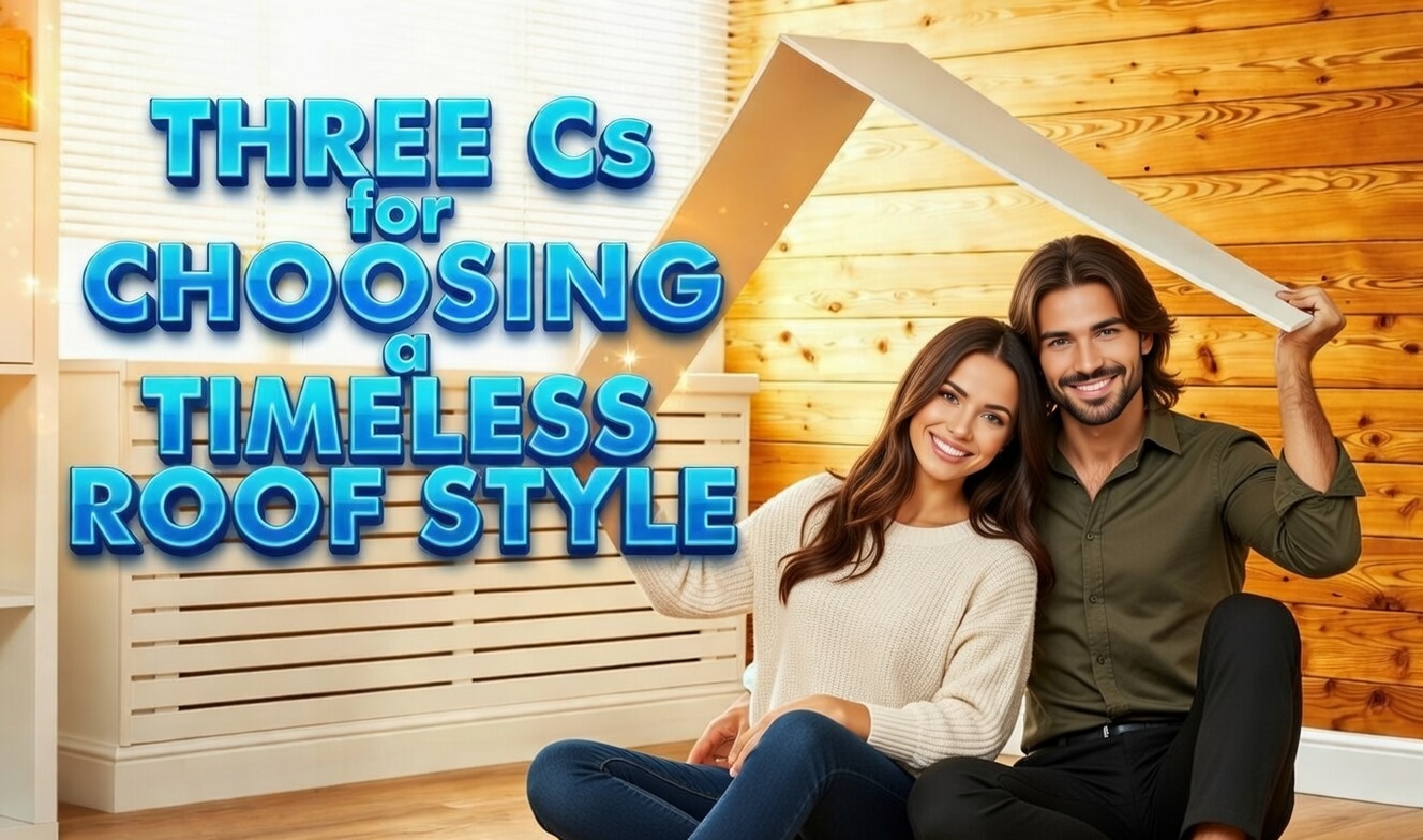 Roof Style: happy couple sitting under cardboard house frame on wooden floor, brainstorming timeless roof style ideas for their home – Thrush & Son® expert tips