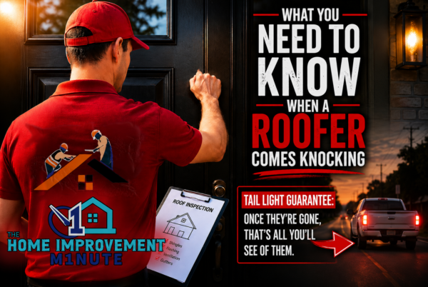 Roofing estimates warning graphic showing a roofer knocking on a homeowner’s door with a tail light guarantee message about out-of-town contractors disappearing after the job is completed.