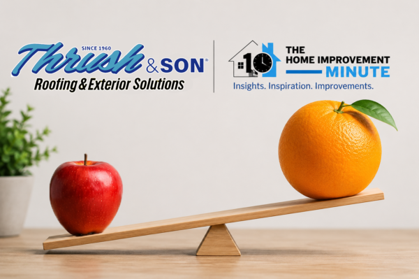 Roofing estimates comparison image showing a small apple and a large orange on a balance board beside Thrush & Son® Roofing & Exterior Solutions and The Home Improvement Minute logos, illustrating the importance of apples-to-apples roofing comparisons.