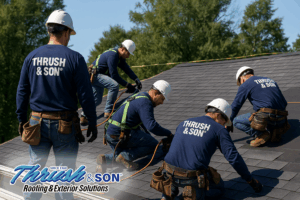 Thrush & Son roofing crew installing a shingle roofing system while wearing OSHA-compliant safety gear and branded uniforms on a residential roof.