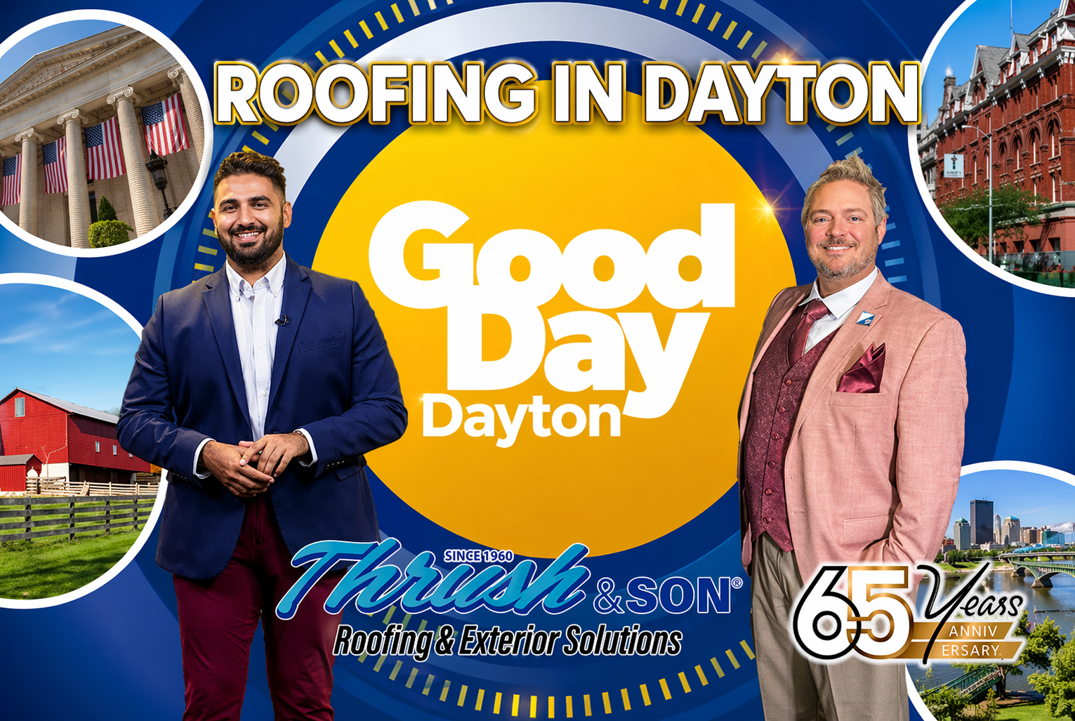 Thrush & Son featured on Good Day Dayton highlighting roofing in Dayton and celebrating 65 years strong in roofing and exterior solutions.