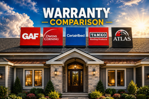 Roofing warranty comparison graphic featuring GAF, Owens Corning, CertainTeed, TAMKO, and Atlas roofing brands displayed above a luxury home under a dramatic sky.