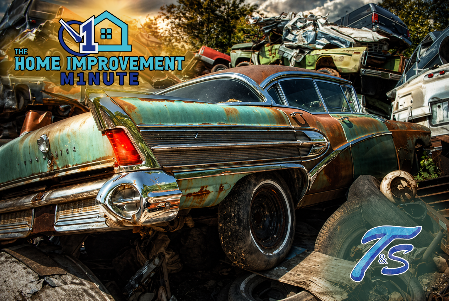 Rust Bucket: Rusting classic car in a junkyard showing long-term material failure, illustrating why the benefits of vinyl siding include durability, low maintenance, and resistance to weather damage.