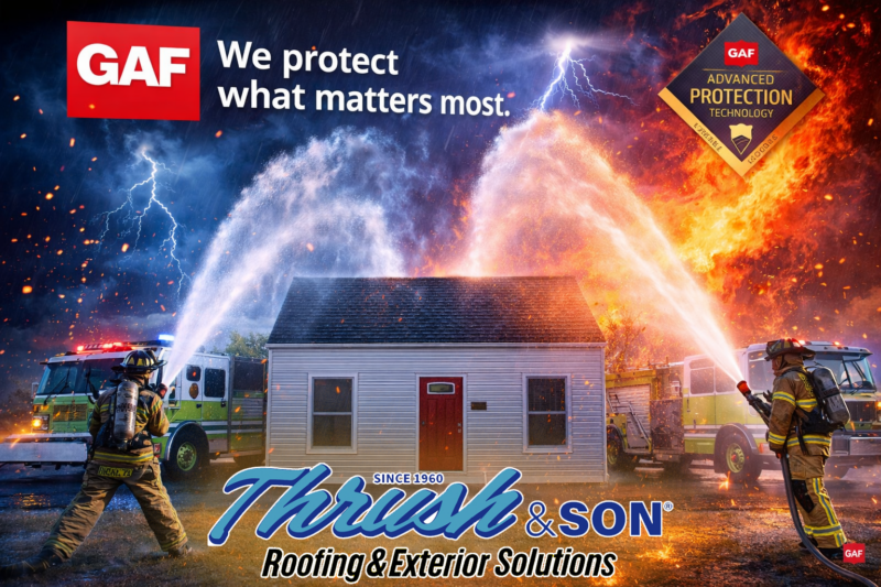 Shingles engineered to endure extreme wind, fire, and water testing as firefighters spray a house during GAF durability demonstration