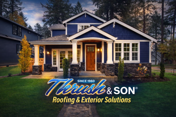 Dayton Ohio Siding Replacement featuring a modern blue home exterior with white trim, stone accents, and enhanced curb appeal by Thrush & Son Roofing & Exterior Solutions.