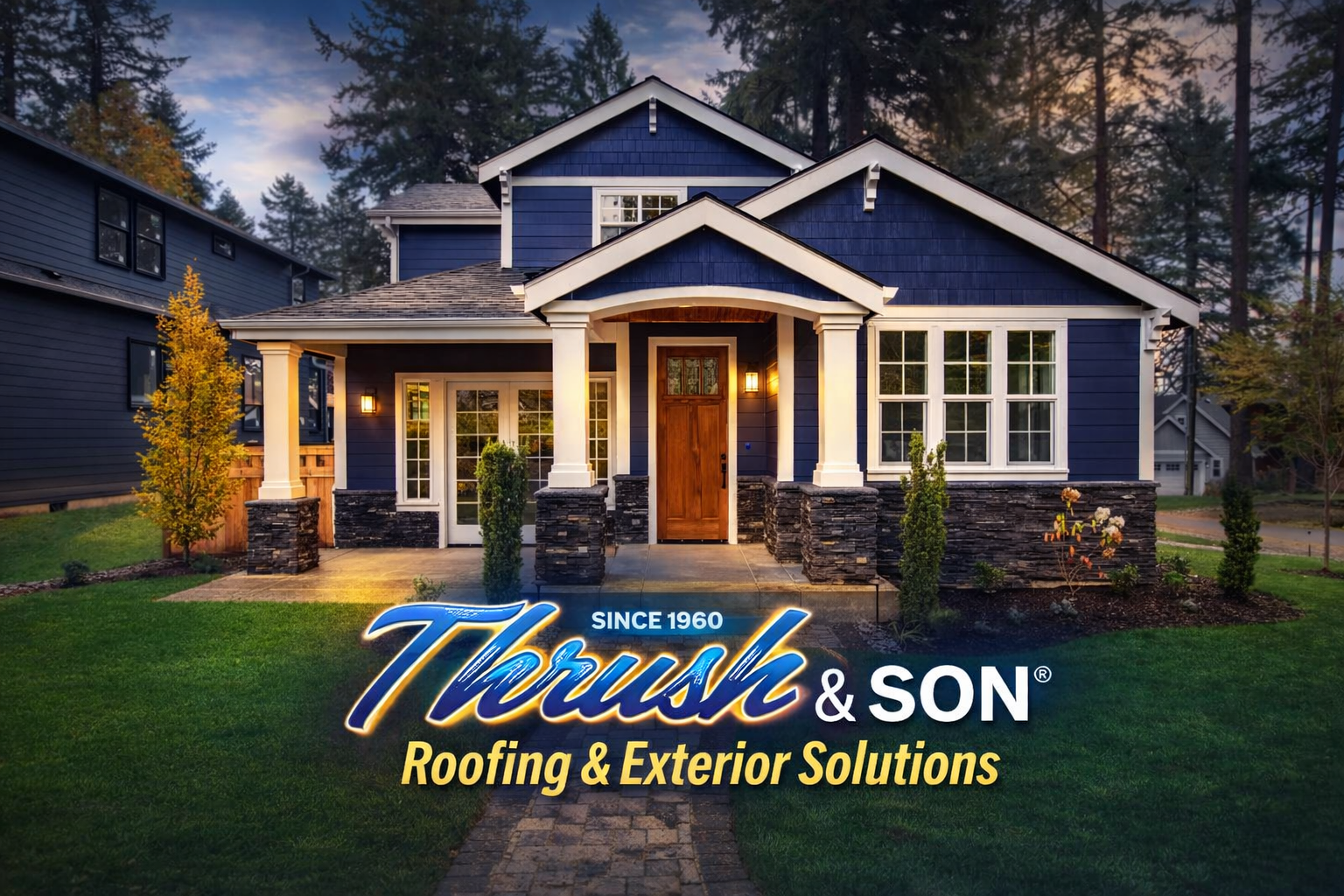 Siding replacement Dayton Ohio featuring a modern blue home exterior with white trim, stone accents, and enhanced curb appeal by Thrush & Son Roofing & Exterior Solutions.