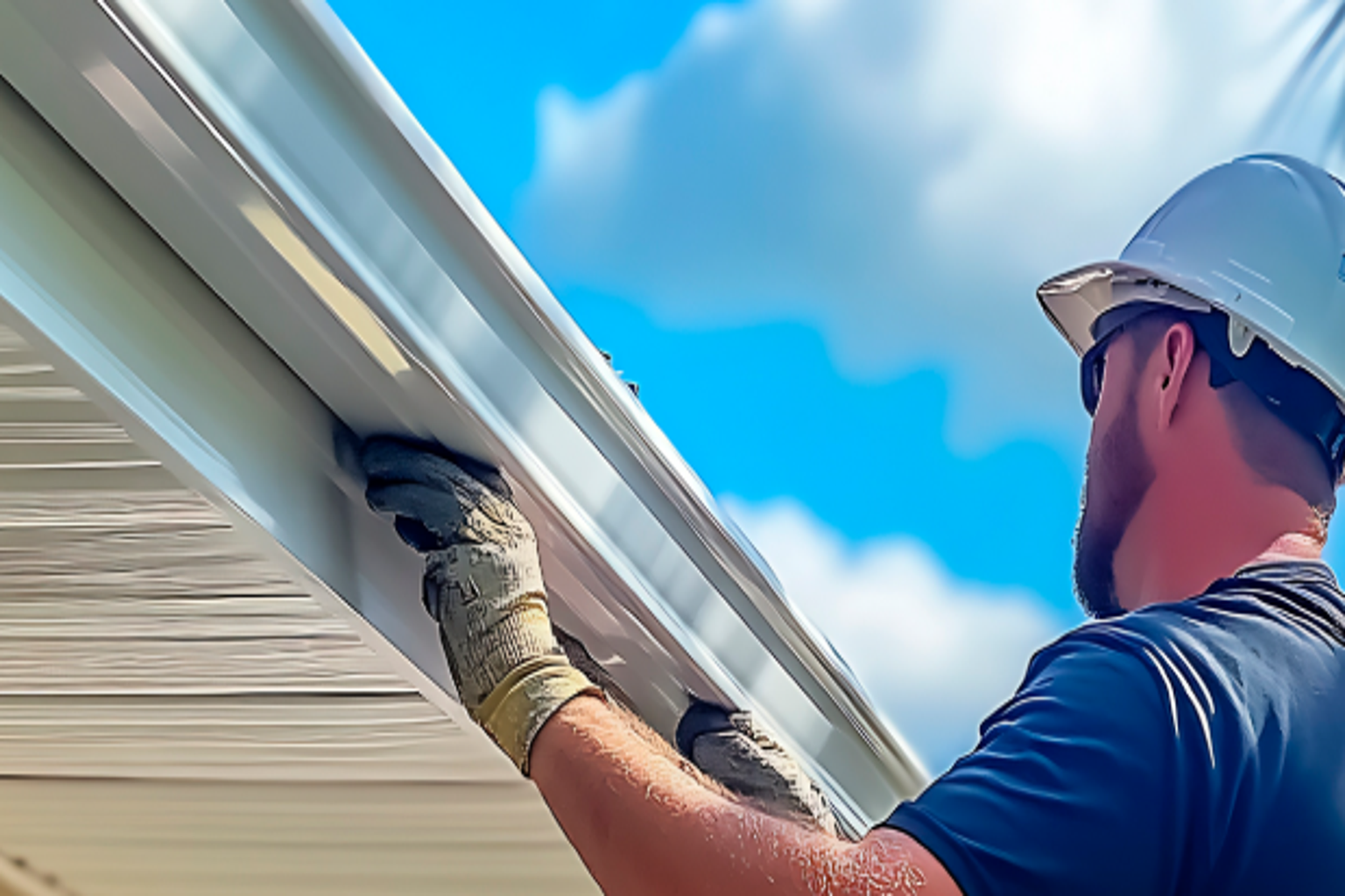 Resource Hub: Siding, Soffit & Gutter Terminology featuring gutter installers working on a project on a spring day.