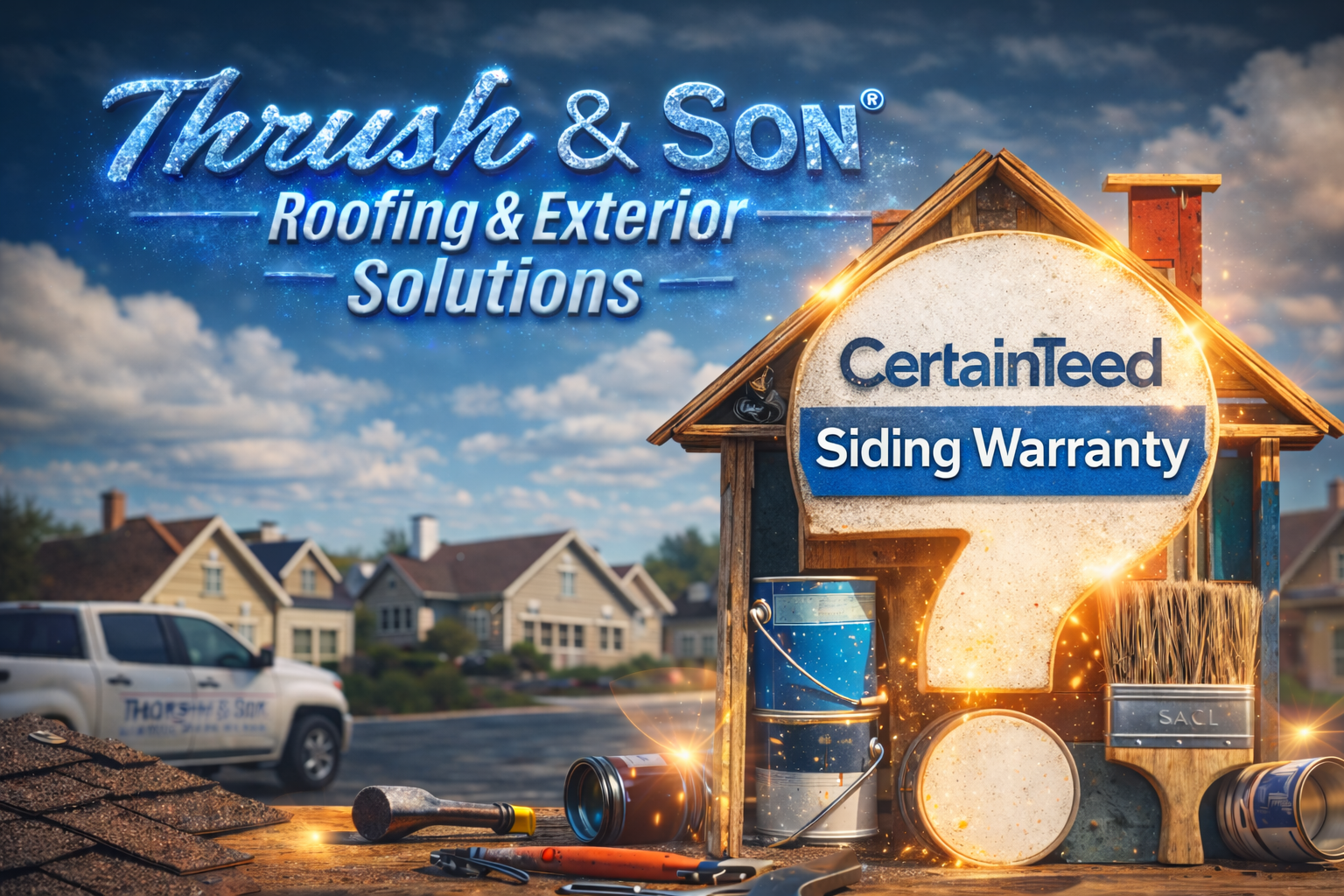 Resource Hub: Siding Warranty graphic featuring CertainTeed siding warranty information with exterior tools and home background.