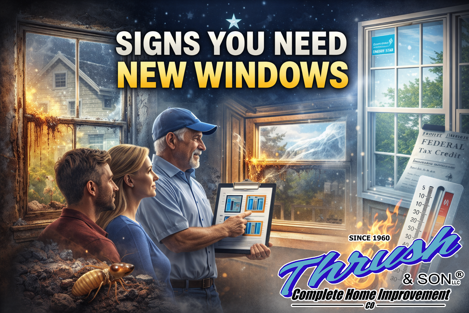 Signs you need new windows showing energy loss, rotting window frames, drafts, and homeowners reviewing modern energy efficient replacement windows with Thrush & Son