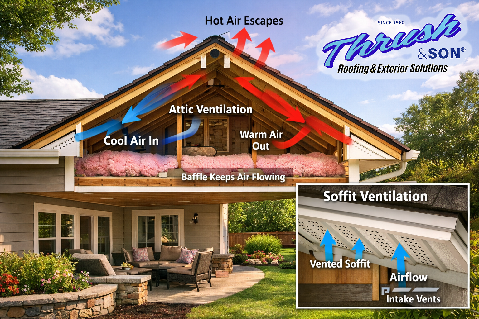 Cutaway view of a home showing proper soffit installation and attic ventilation, with cool air entering through vented soffits and hot air escaping through the roof ridge.