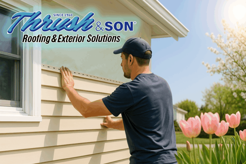 Professional siding installer fitting new vinyl panels from the bottom up during spring siding trends home improvement project.