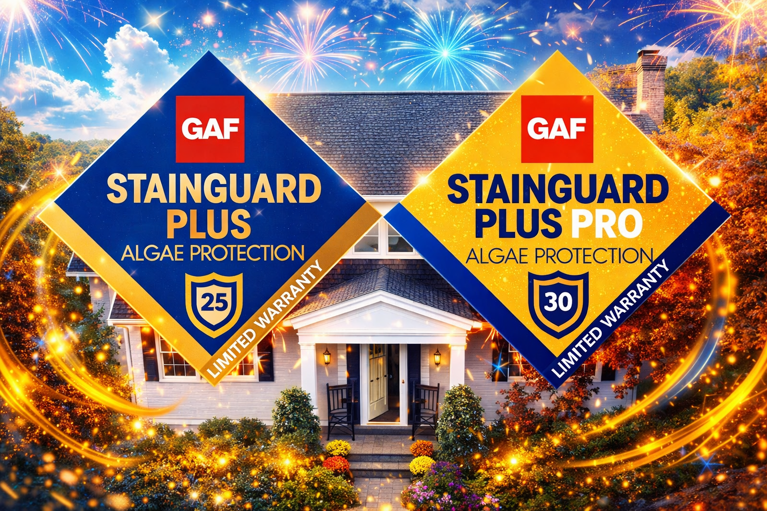 Resource Hub: GAF StainGuard Plus algae protection roofing shingles with 25-year limited warranty showcased on residential home.