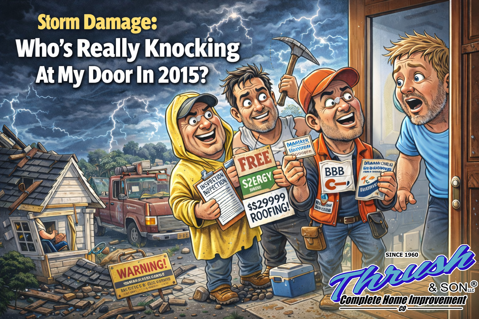 Who’s Really Knocking after storm damage as questionable contractors crowd a homeowner’s door in a humorous cartoon scene.