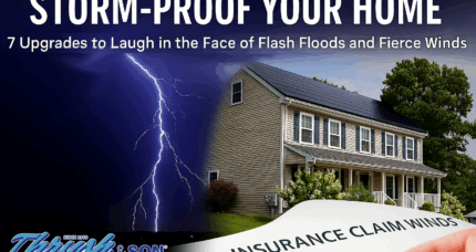 Storm-proof your home blog banner showing lightning storm, upgraded home exterior, and insurance form for flood and wind protection
