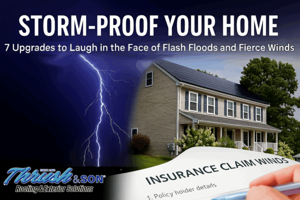 Storm-proof your home blog banner showing lightning storm, upgraded home exterior, and insurance form for flood and wind protection