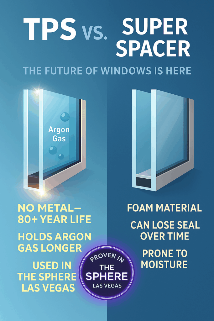 TPS vs. Super Spacer | TPS® Proven in The Sphere Las Vegas – Longer Life & Better Gas Retention Side-by-side comparison of TPS vs. Super Spacer showing TPS as metal-free, 80+ year life, better argon retention, and used in The Sphere Las Vegas; Super Spacer foam prone to moisture and seal loss.