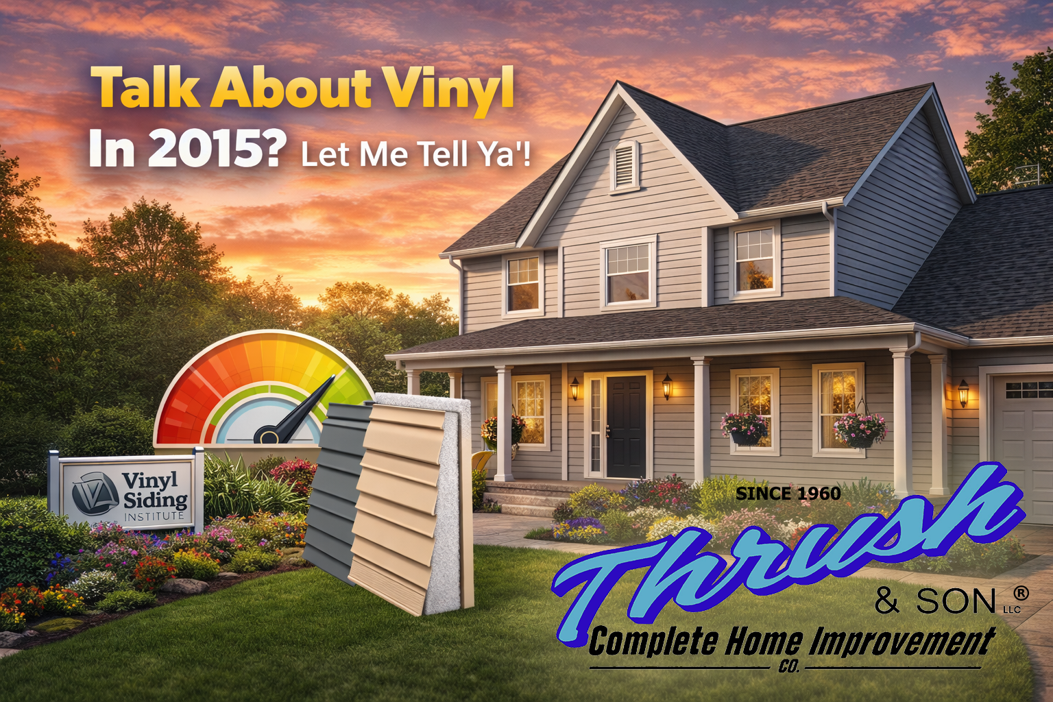 Two-story home with modern vinyl siding at sunset, featuring color samples and energy efficiency gauge highlighting the benefits of vinyl siding in 2015.